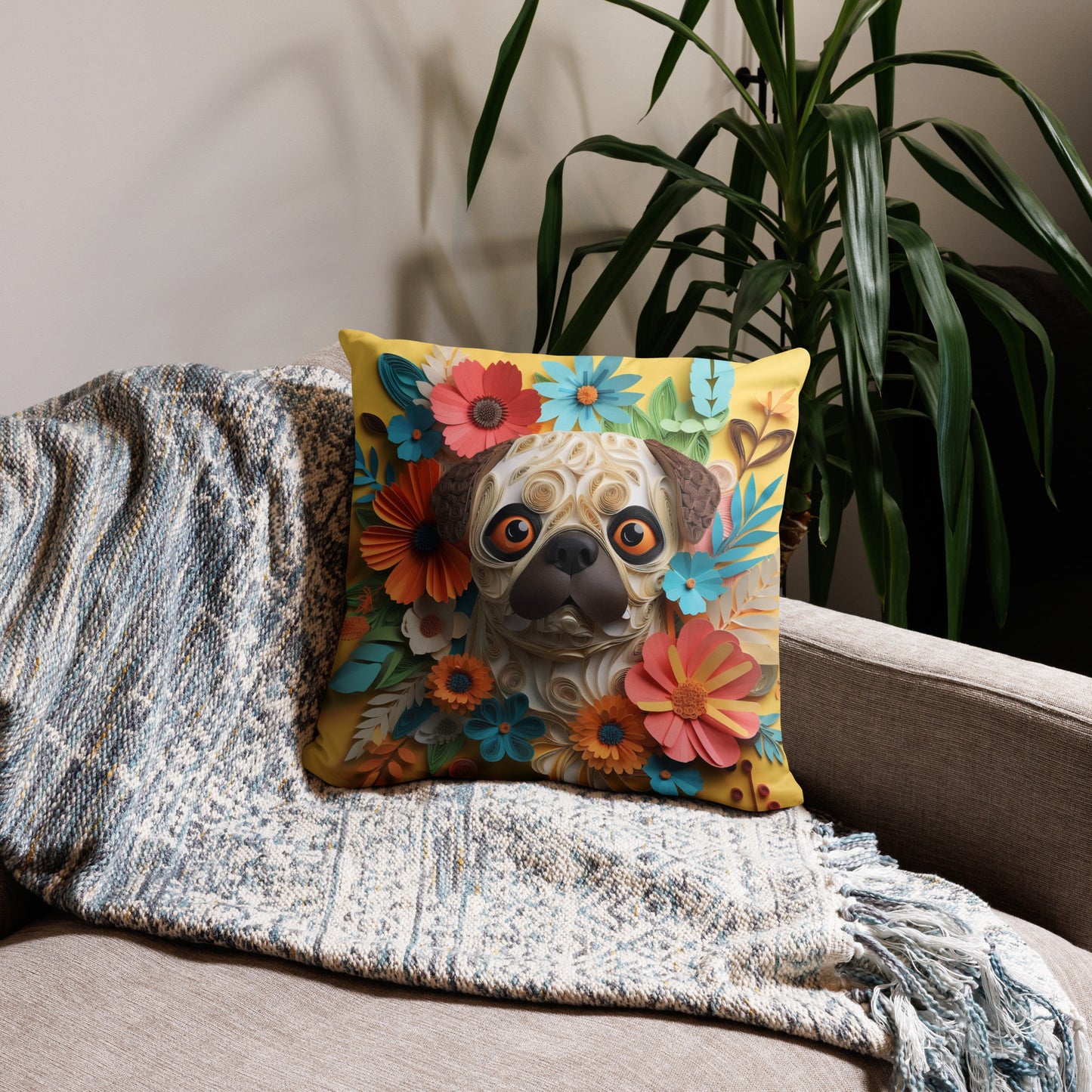 Pug Flowers Dog Lovers Throw Pillow