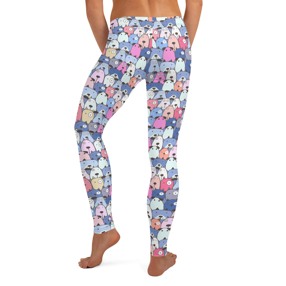 Cute Dog Cartoon Faces Shades of Blue Leggings