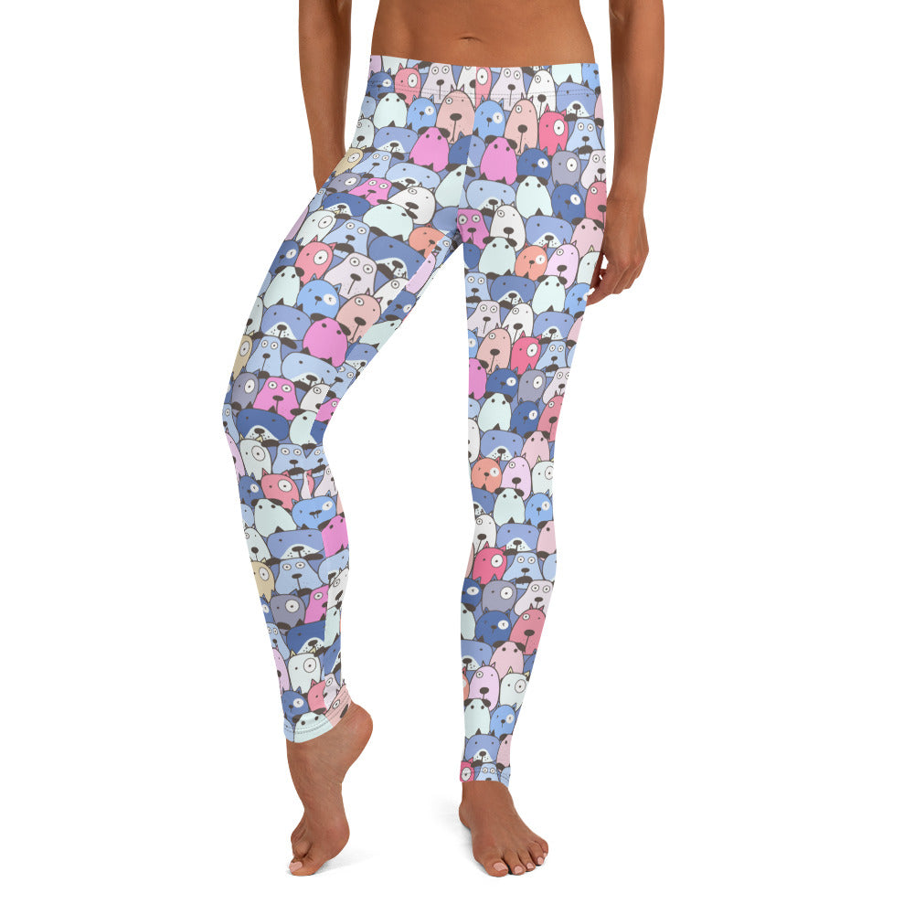 Cute Dog Cartoon Faces Shades of Blue Leggings