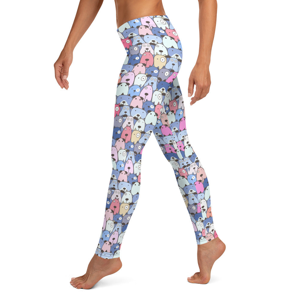 Cute Dog Cartoon Faces Shades of Blue Leggings