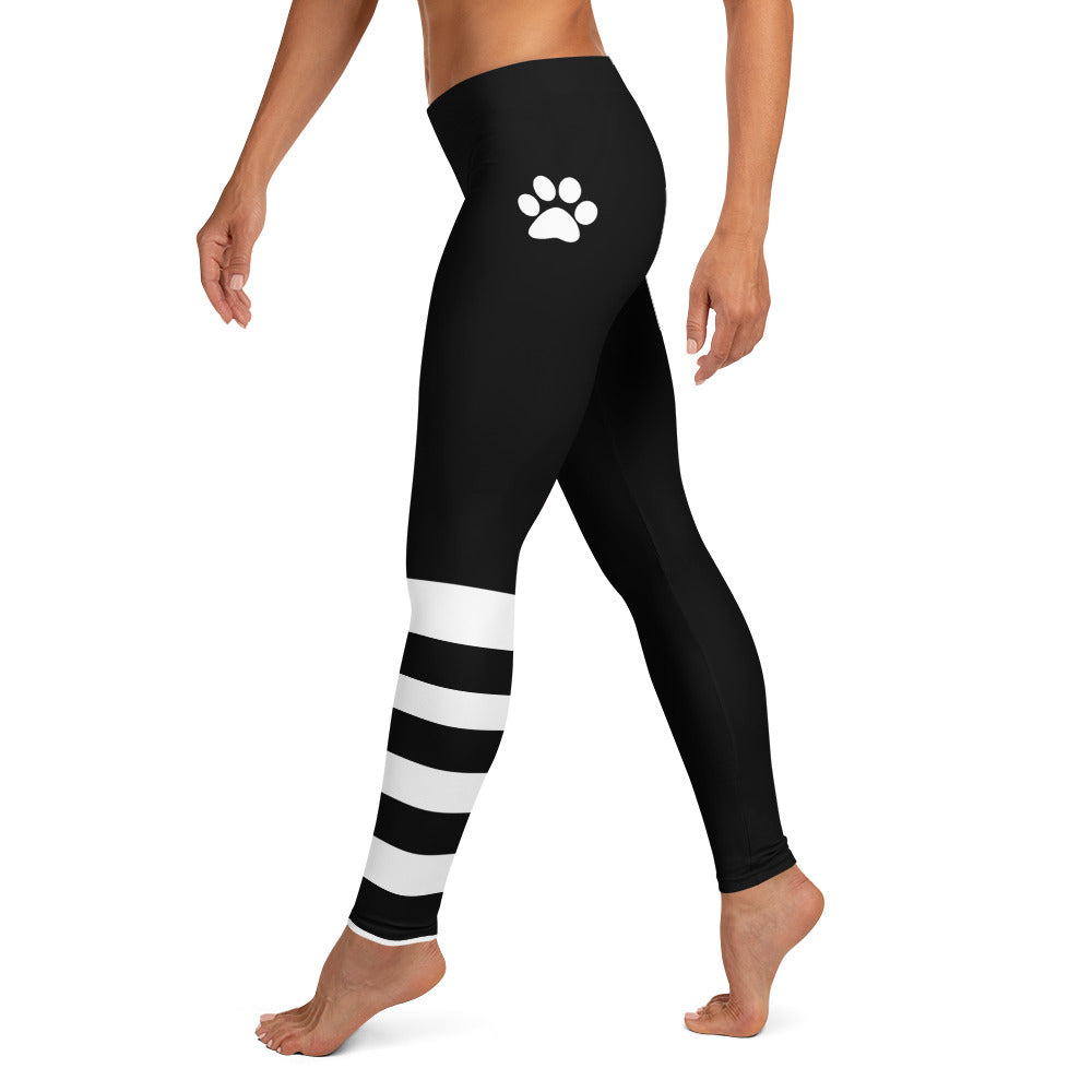 Black Stripe & Paw Print Leggings for Women