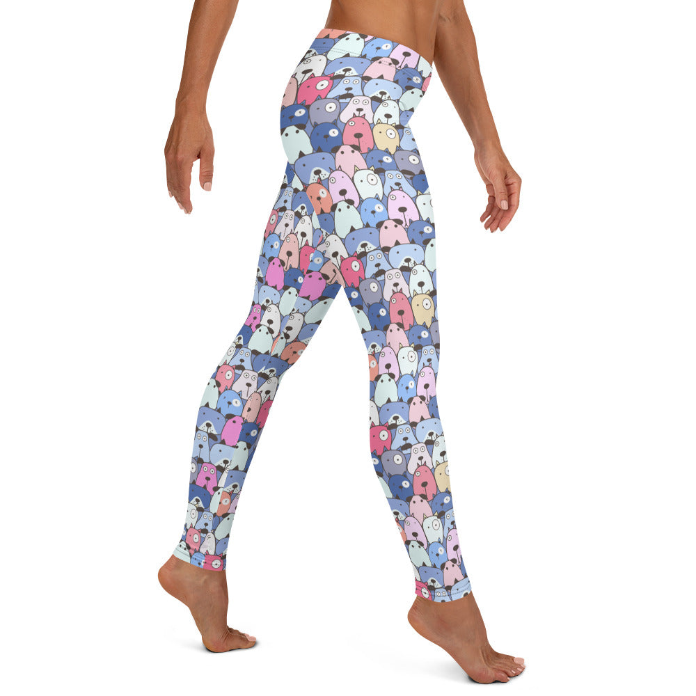 Cute Dog Cartoon Faces Shades of Blue Leggings