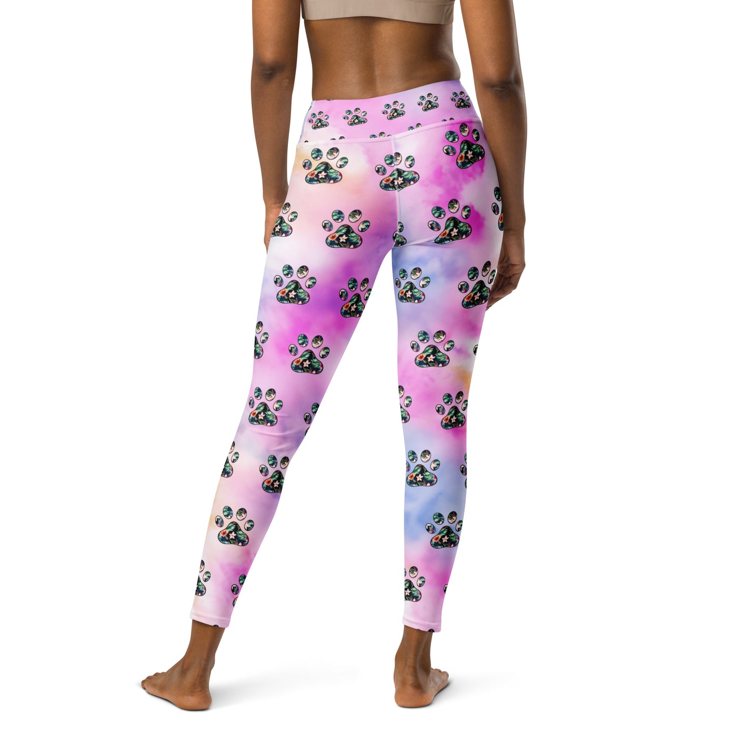 Tropical Floral Paw Print Yoga Leggings for Dog Moms