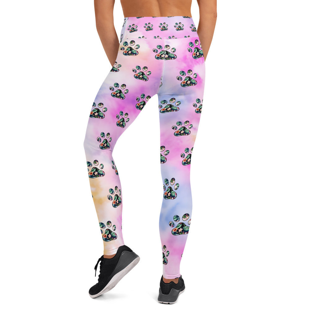 Tropical Floral Paw Print Yoga Leggings for Dog Moms