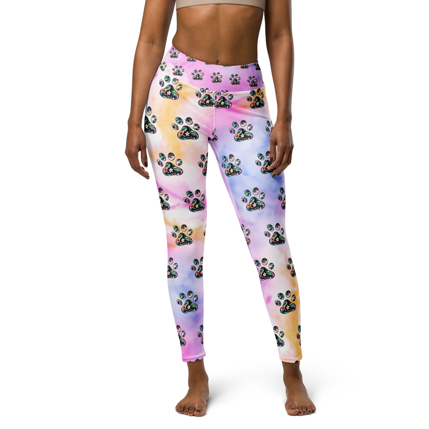 Tropical Floral Paw Print Yoga Leggings for Dog Moms