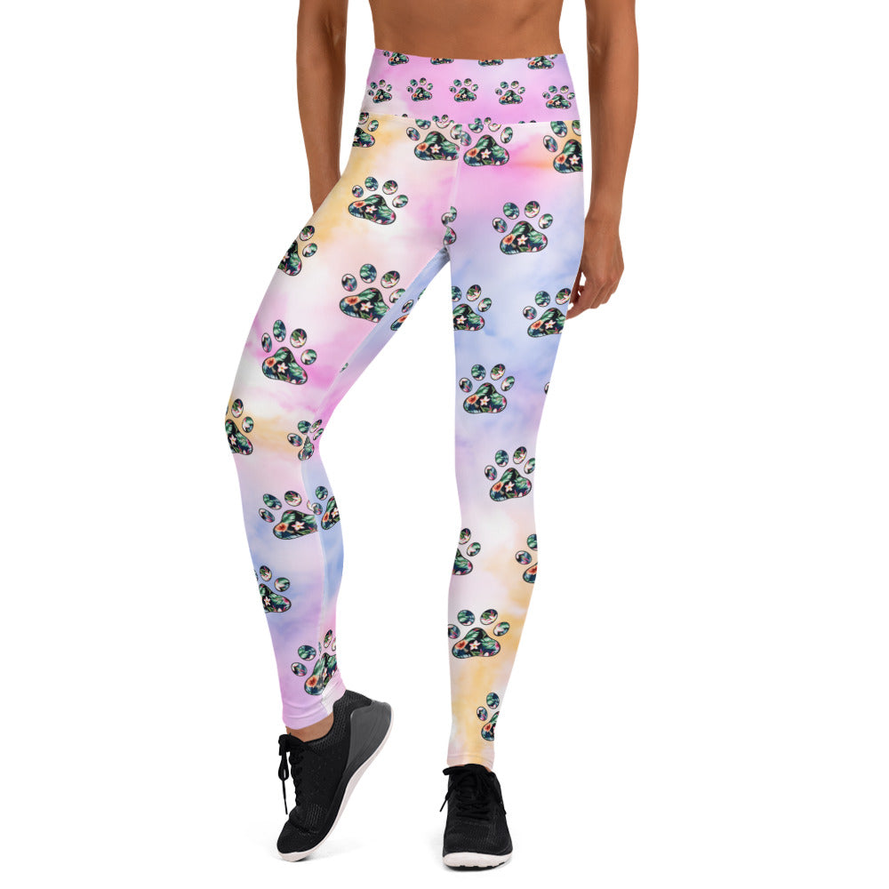 Tropical Floral Paw Print Yoga Leggings for Dog Moms