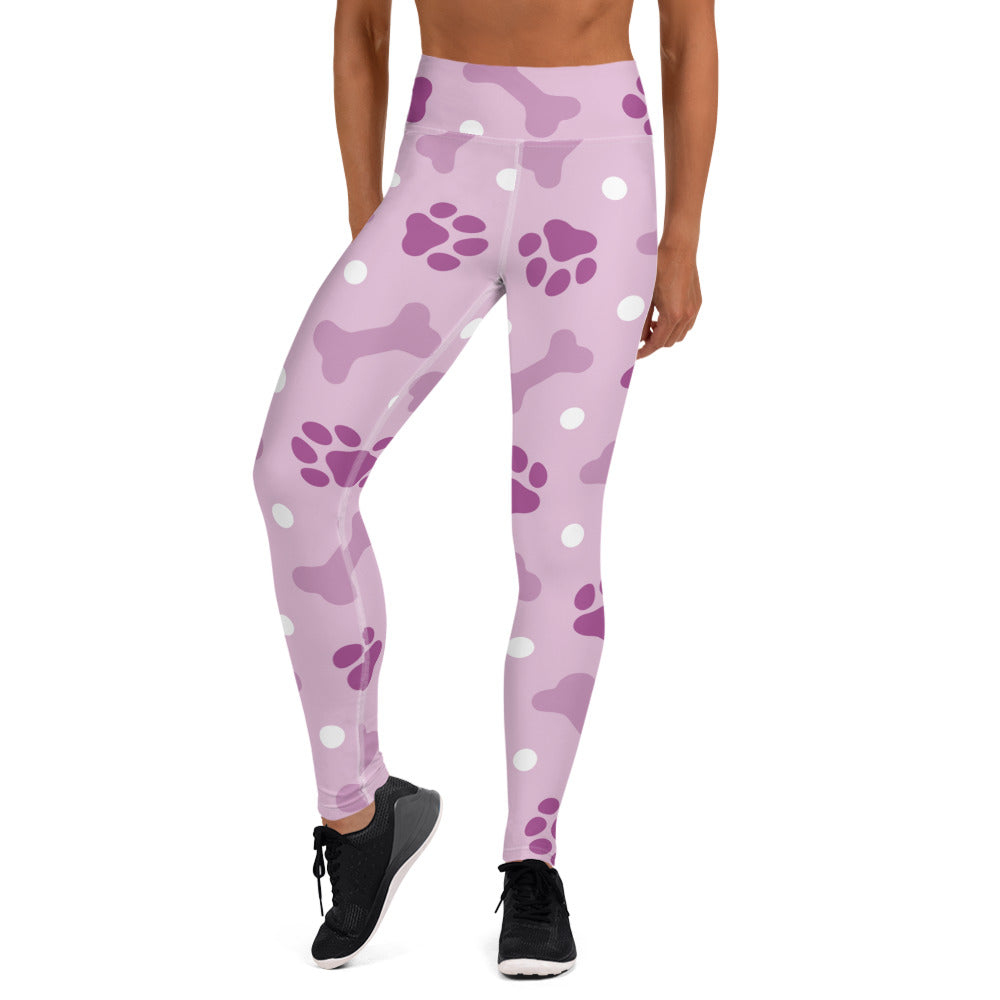 Pink Paw Print and Bone Pattern Yoga Leggings