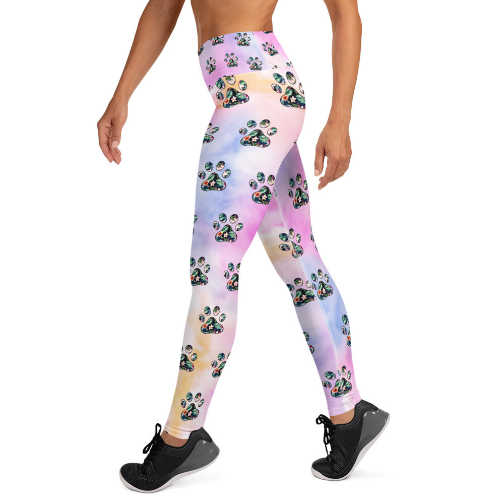 Tropical Floral Paw Print Yoga Leggings for Dog Moms