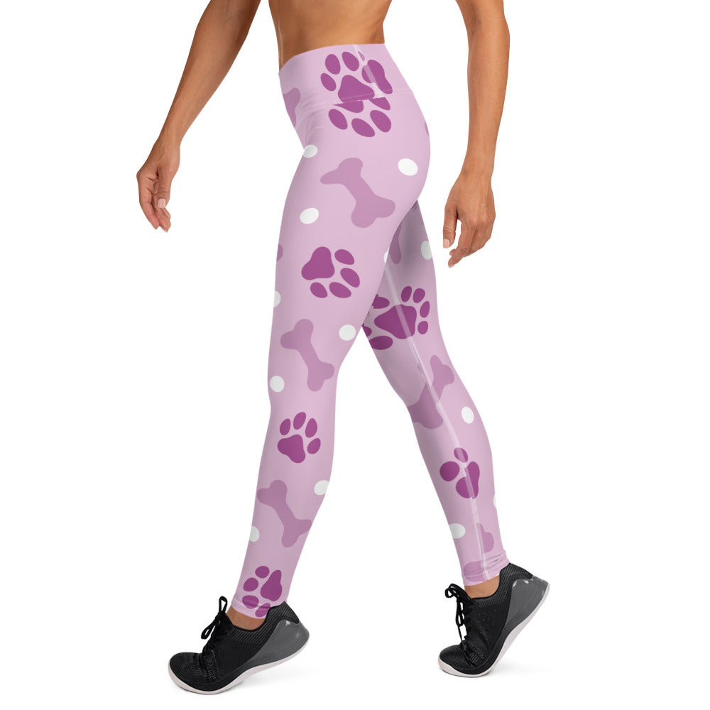 Pink Paw Print and Bone Pattern Yoga Leggings