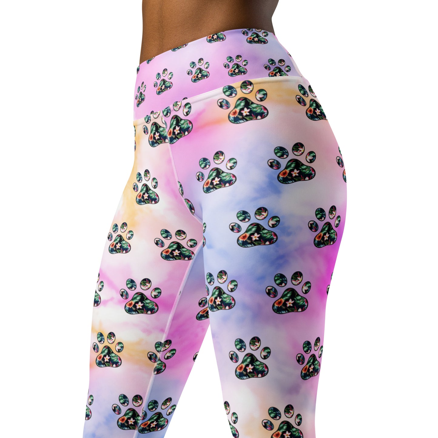 Tropical Floral Paw Print Yoga Leggings for Dog Moms