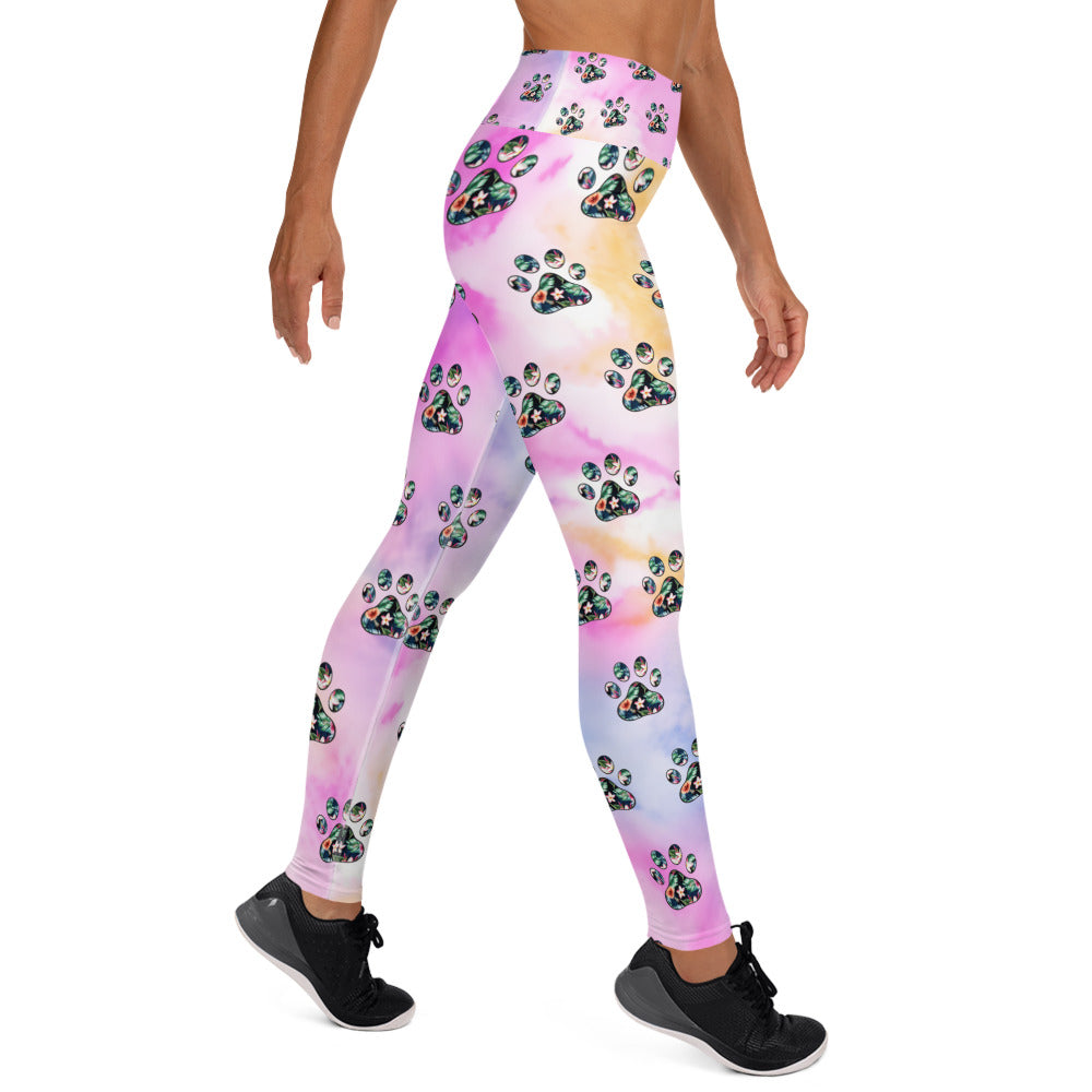 Tropical Floral Paw Print Yoga Leggings for Dog Moms