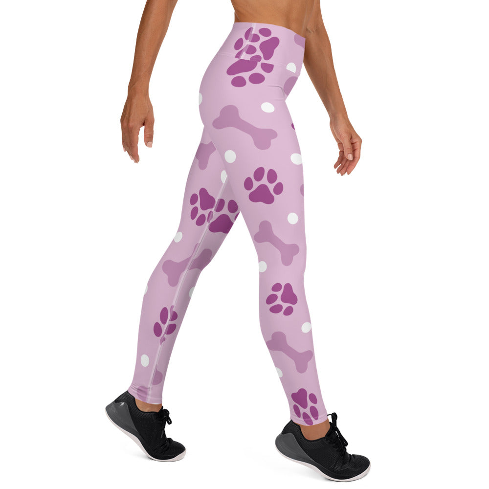 Pink Paw Print and Bone Pattern Yoga Leggings