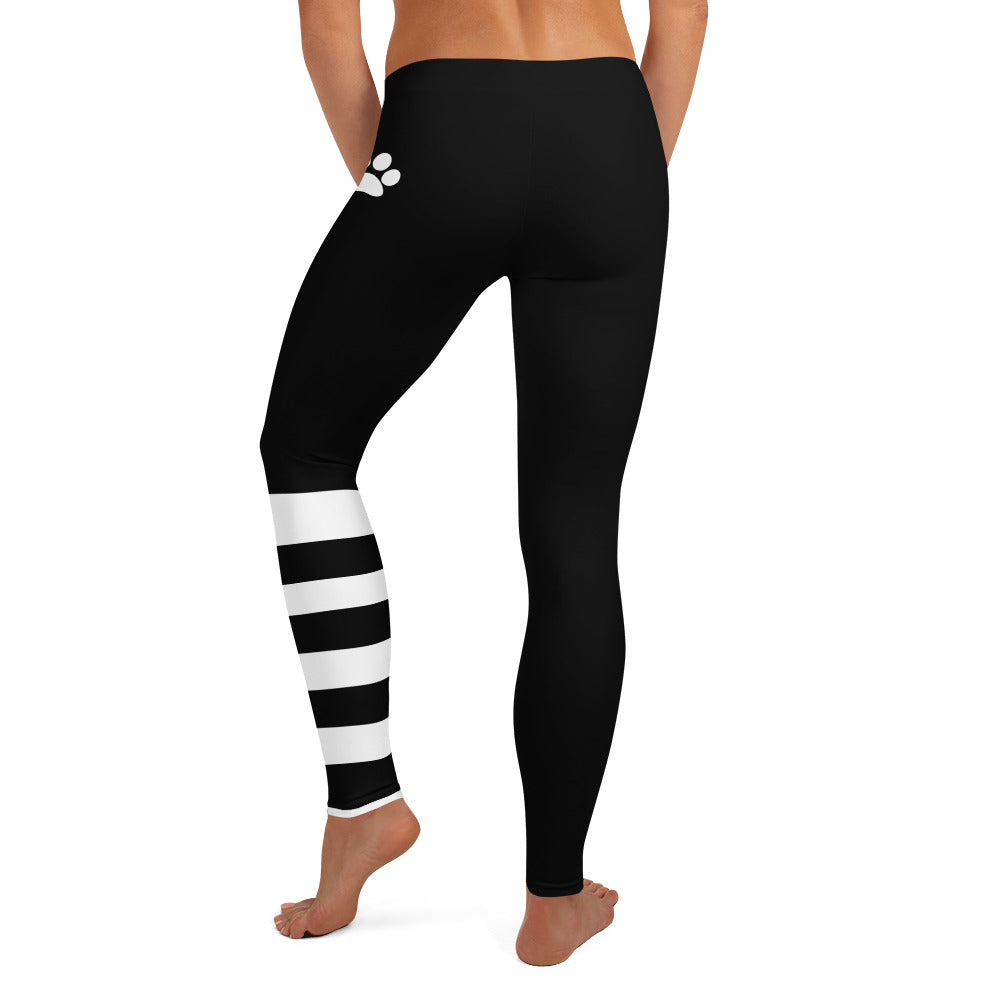 Black Stripe & Paw Print Leggings for Women