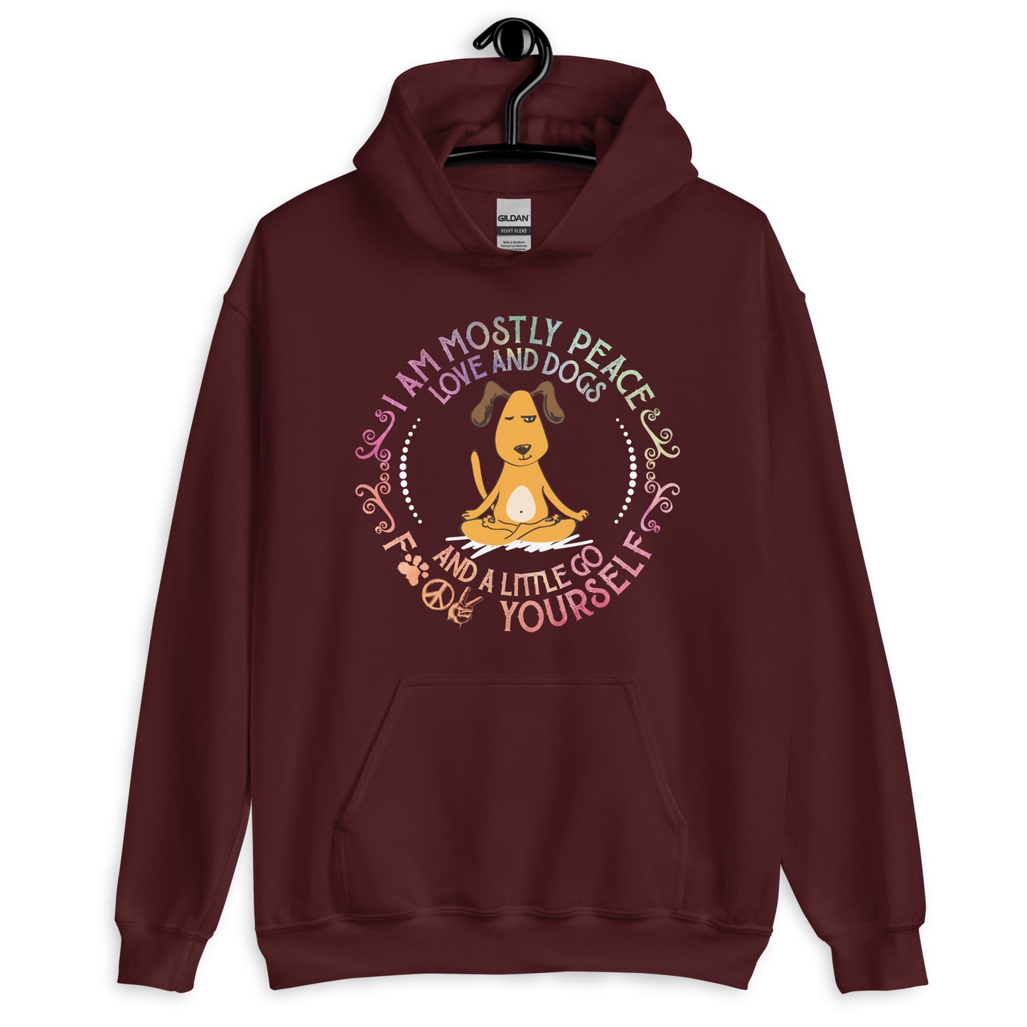 I Am Mostly Peace Love and Dogs Yoga Hoodie